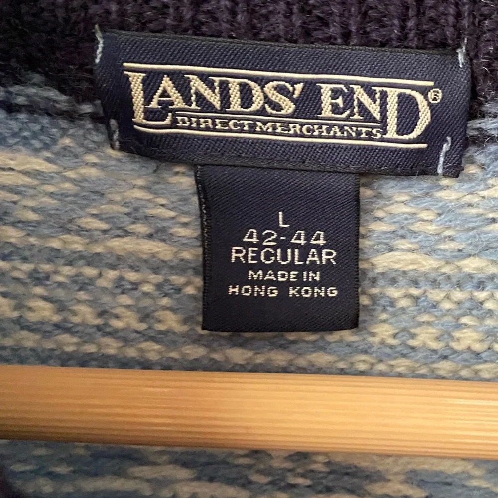 VINTAGE LANDS’ END Blue and White 100% Wool Fair Isle Nordic Crew Neck Sweater L - Picture 3 of 6
